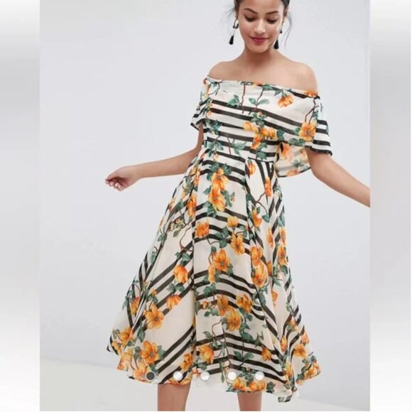 NWT ASOS Bandeau Midi Dress White Black Stripe Orange Floral Off Shoulder Size 4 - Picture 1 of 13